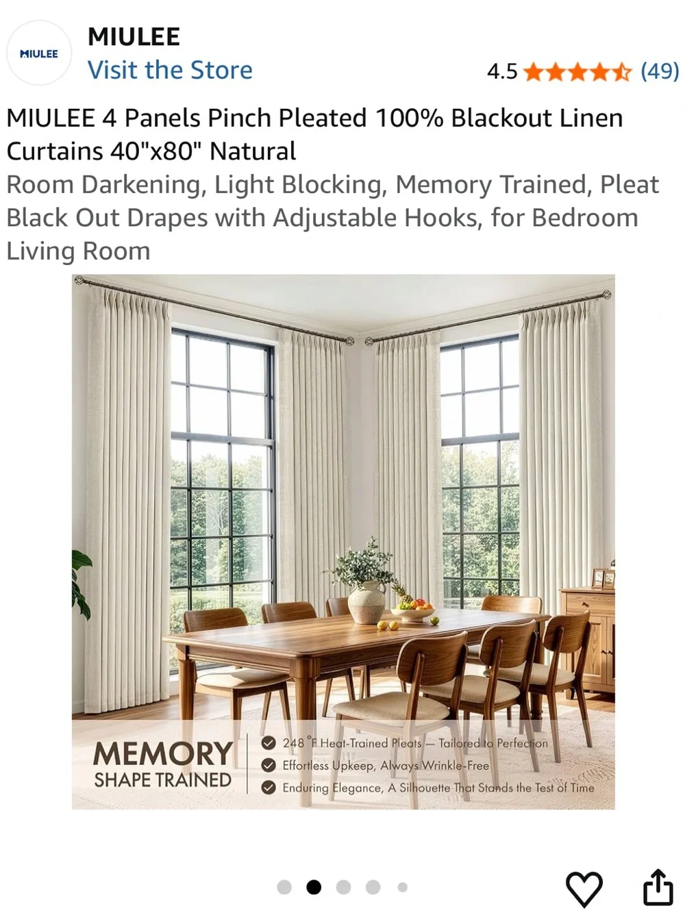 NEW MIULEE Pinch Pleat Blackout Linen Curtains in Natural - FOUR Panels- 40”x80”